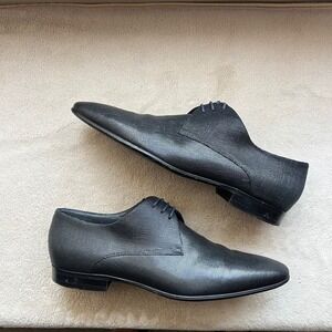 Hugo Boss Men 10 Black Leather Textured Derby Dress Shoes Made‎ in Italy Formal
